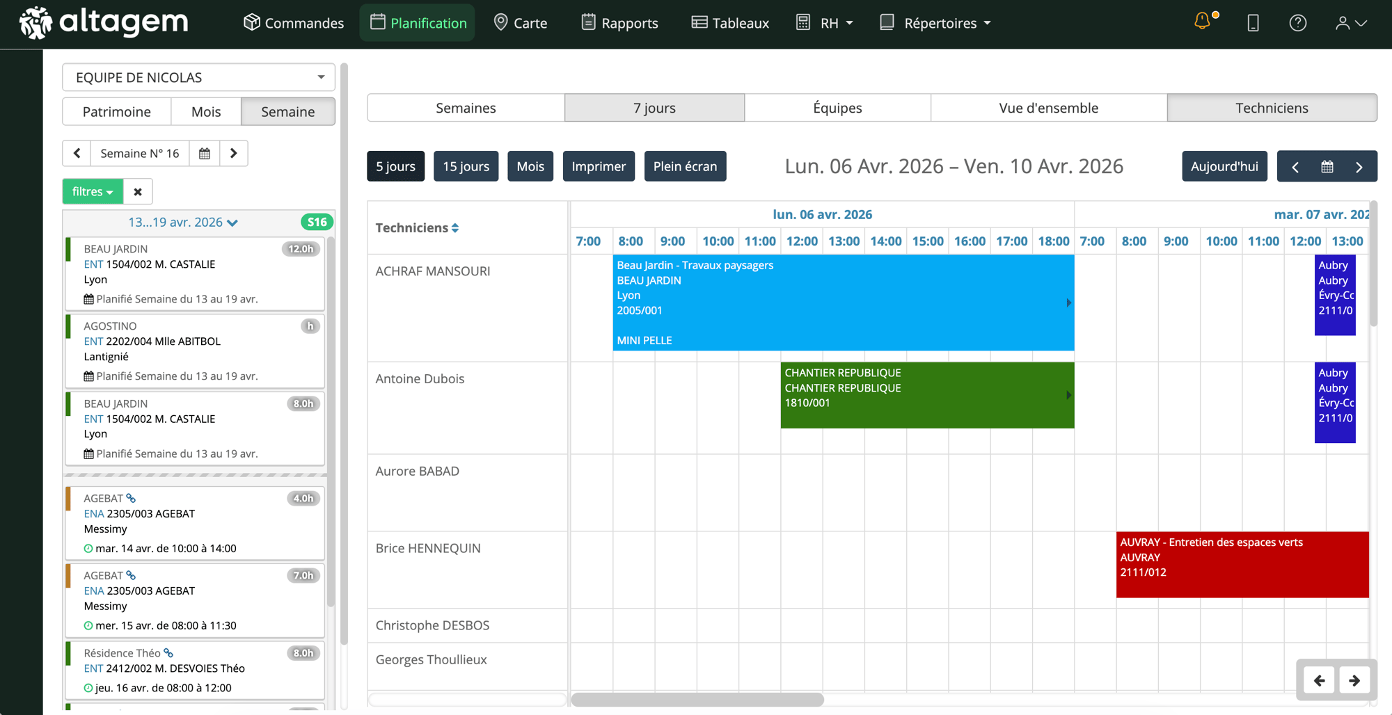 la vue planning de l'interface Altagem