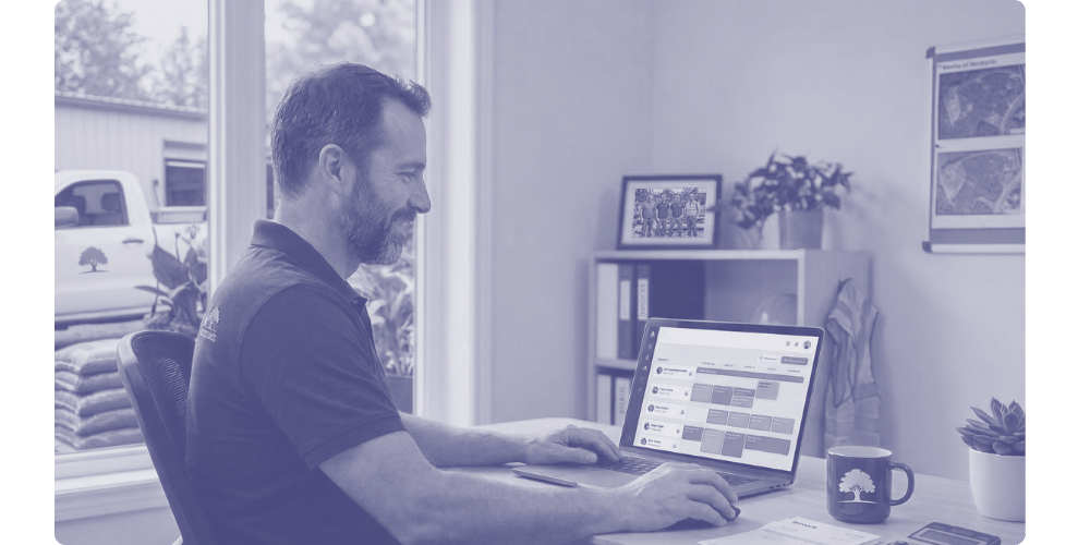 Un dirigeant d'entreprise paysagiste sur son ordinateur