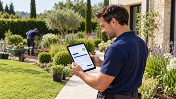 Un paysagiste en train de réaliser sa facture électronique pour un client, directement sur chantier