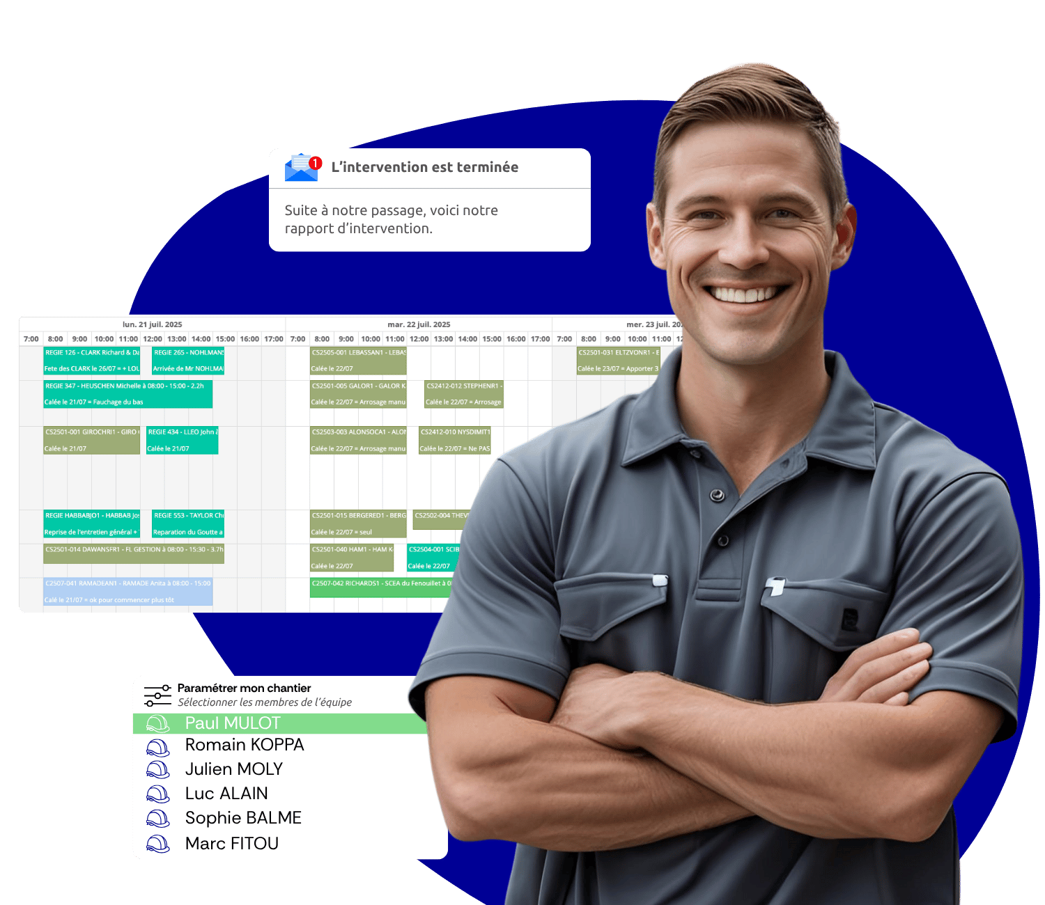 Un technicien avec son planning, sa gestion d'équipe et sa notification de rapport d'intervention Un technicien avec son planning, sa gestion d'équipe et sa notification de rapport d'intervention