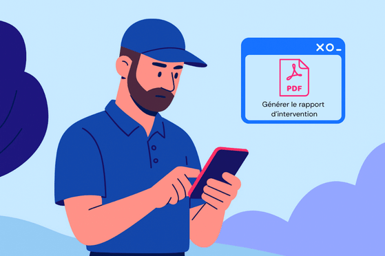 Illustration d'un technicien en train de saisir un rapport d'intervention