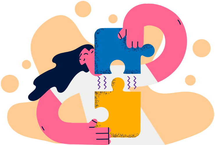 illustration représentant une femme qui assemble deux pièces de puzzle bleue et jaune