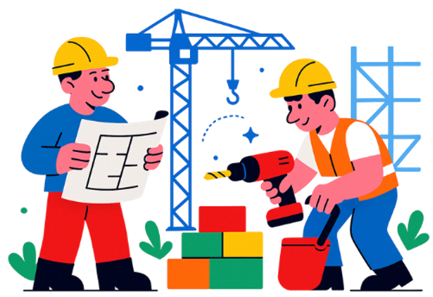 2 collègues sur le terrain qui réalisent des travaux sur un chantier. L'un tient une perceuse, l'autre un plan du chantier. Il y a une grue derrière l'un d'eux.