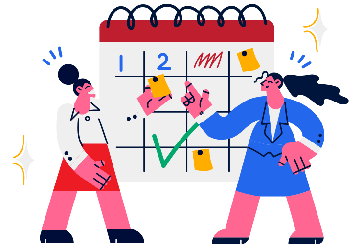 Illustration représentant deux personnages qui ajustent un planning avec le sourire