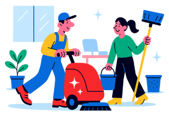 un homme et une femme en train de travailler ensemble dans une entreprise pour entretenir les locaux